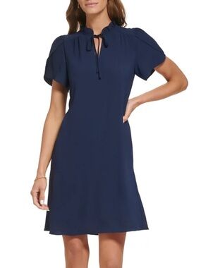DKNY Navy Chiffon Shift Dress Ruffle Neck Flutter Sleeve Size 0